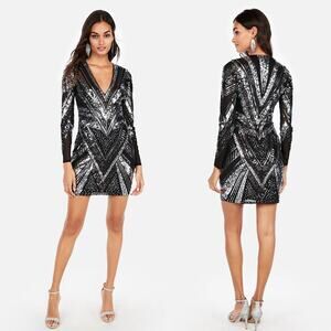 Express Sequin Mini Dress Small Petite Black Silver Long Sleeve Cocktail Party